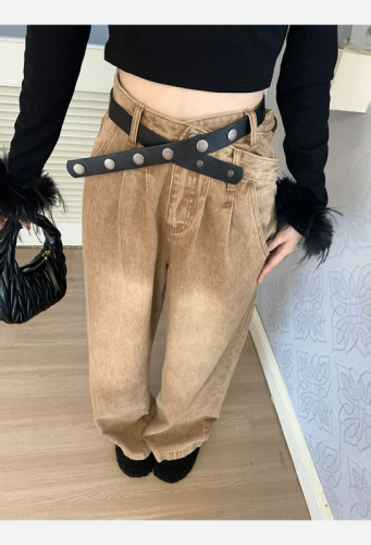 American retro design high-waist washed jeans for women ins style loose temperament slim floor-length trousers European and American