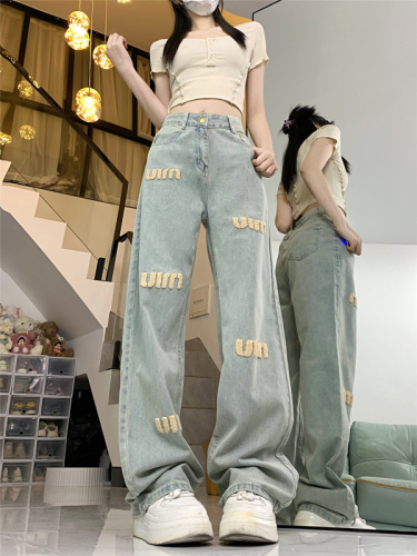 Real shot!  !  Letter embroidered straight jeans for women in autumn and winter new style small high waist slim casual long pants