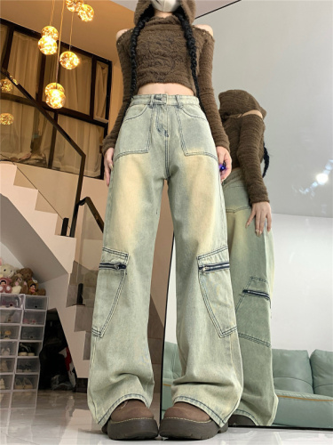 Real shot!  !  !  Retro straight washed distressed overalls high waist slim jeans women's long pants