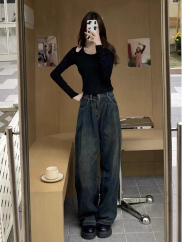 Cement gray wide leg jeans for women early spring 2024 high waist pleated retro straight leg loose drape floor mopping pants