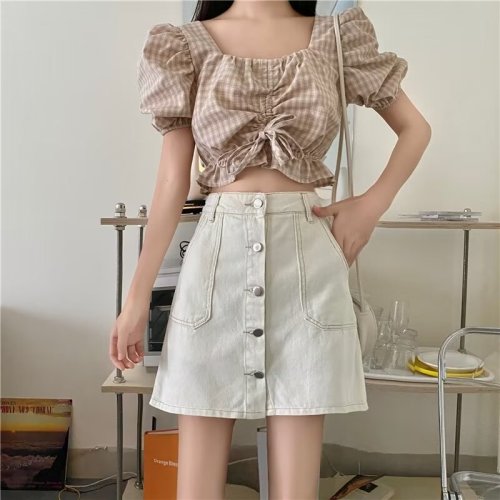 Designed letter slimming mid-length A-line slit hip skirt retro denim skirt for women spring and summer