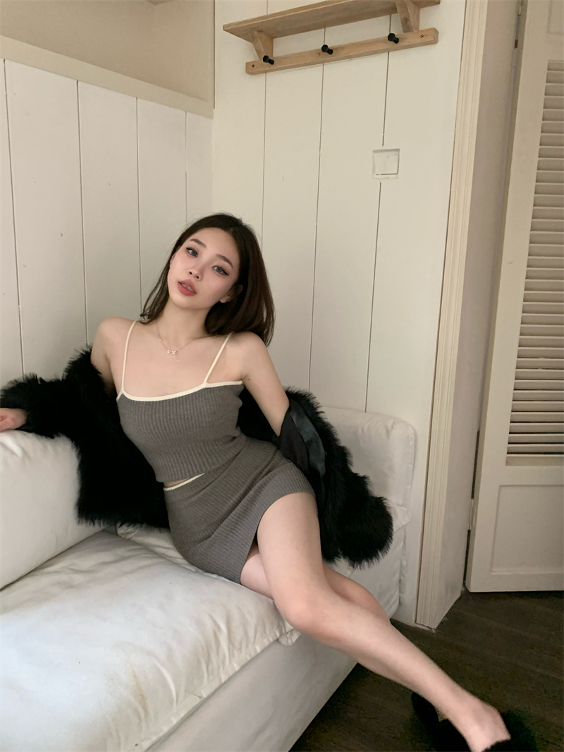 已出貨甜辣妹套裝短款針織吊帶背心新款性感裙子包臀半身裙兩件套