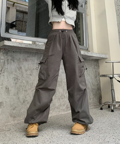Real shot of extra thick washed autumn Korean style overalls loose straight high waist casual sports pants wide leg pants for women