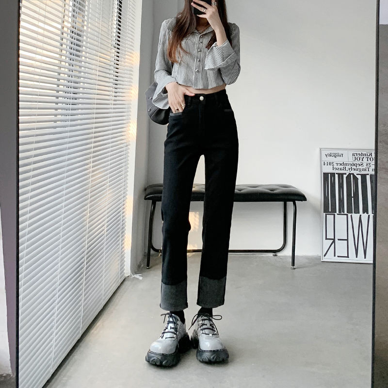 時尚小眾設計拼接撞色彈力高腰翻邊直筒通勤百搭小個子黑色煙管褲