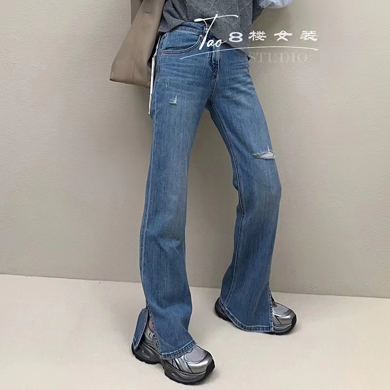花匣子牛仔褲女新款59387破洞開叉直筒微喇窄版闊腿褲flower
