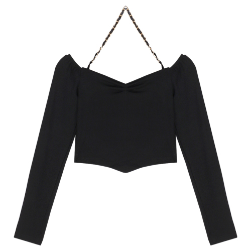 Black long-sleeved chain halter neck T-shirt for women in summer hot girl one-shoulder sexy backless slim fit short top