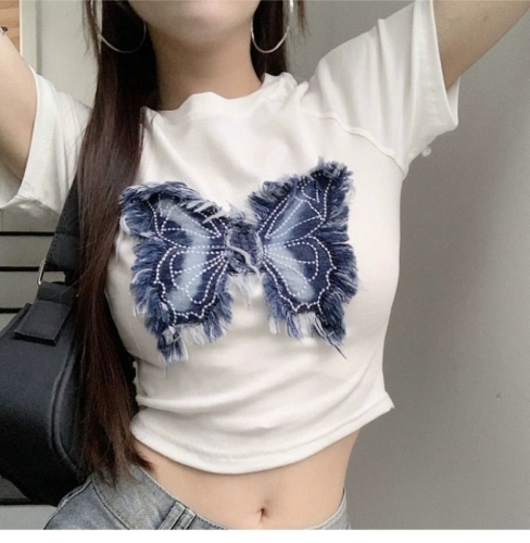 Pure cotton American hot girl butterfly summer design niche short short-sleeved knitted bottoming top ins slim fit