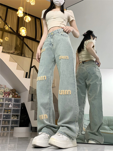 Real shot!  !  Letter embroidered straight jeans for women in autumn and winter new style small high waist slim casual long pants