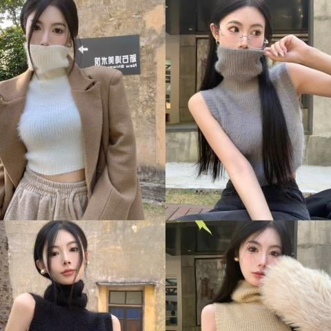 秋冬堆堆高領毛衣女仿貂無袖針織打底衫內搭性感露肩短款背心上衣
