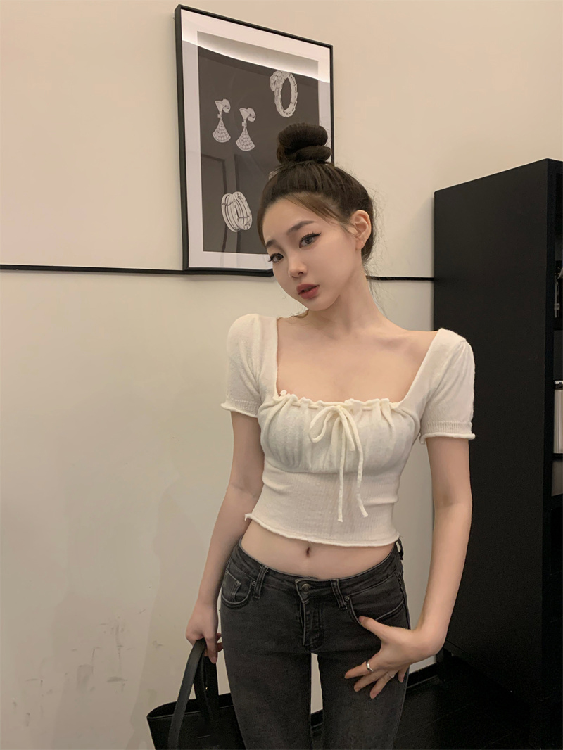 甜辣妹方領短袖針織打底衫女裝春季系帶套頭抽繩修身顯瘦短款上衣