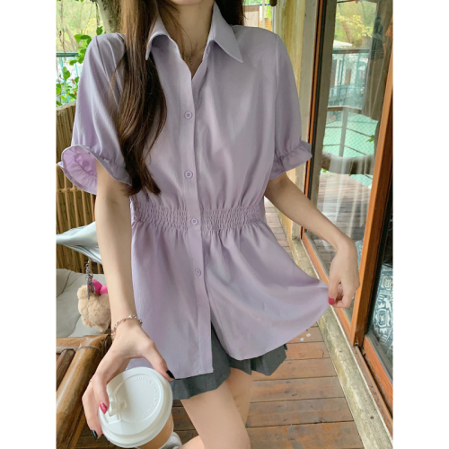 240008 real shot plus size women's waist-covering belly-style shirt women's summer design short-sleeved shirt