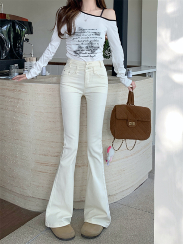 Actual shot~Hot girl style pure butt-lifting off-white bell-bottoms slimming high-waist slim floor-length jeans