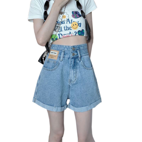 Design sense spring and summer new sweet and cool casual leg-length high-waisted wide-leg shorts denim