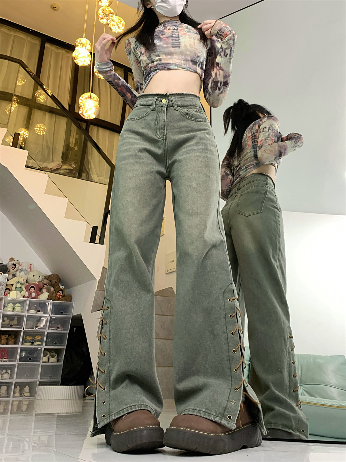 Real shot!  !  !  Retro jeans women's strappy bootcut hot girls raw edge high waist floor mopping pants