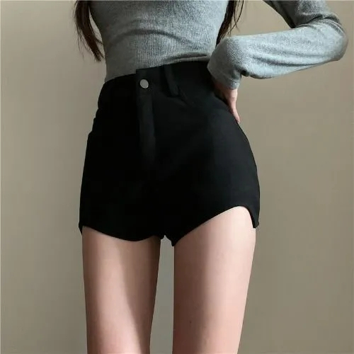 Black Irregular Hip Covering Denim Shorts Women's Summer High Waist Slimming Long Legs Hot Girls High Street Ultra Short Hot Pants