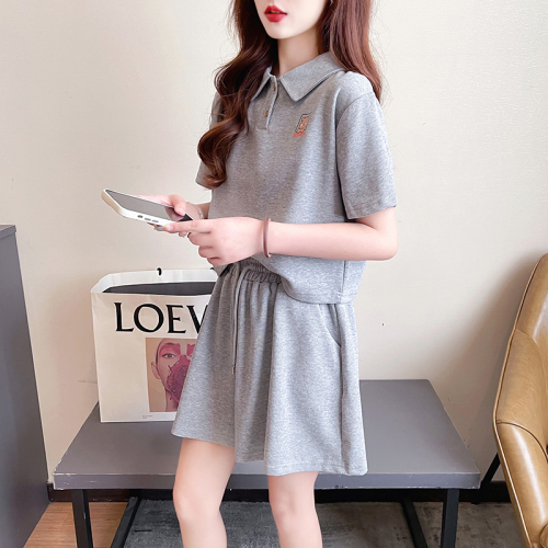 Real shot Summer Korean style loose 260g mini POLO collar embroidered two-piece sports and leisure suit for women