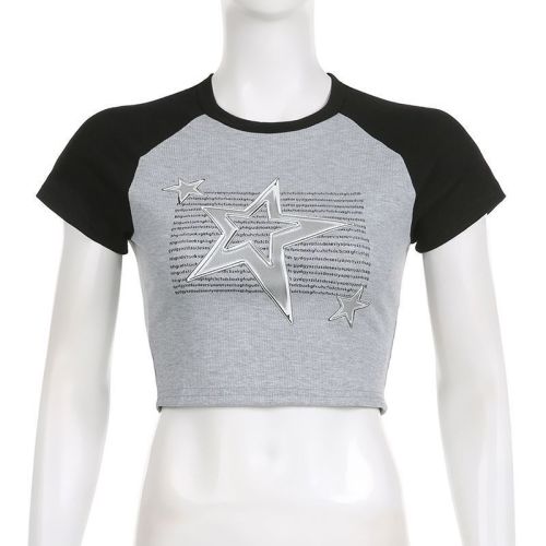 Summer new American retro star printed threaded T-shirt for women with contrasting color raglan sleeves threaded hottie short-sleeved top