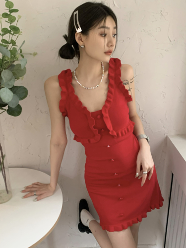 实拍 夏装纯欲风辣妹法式玫瑰红小众设计连衣裙针织吊带裙女