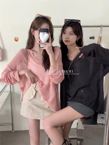 New Korean style design V-neck thin see-through sweater for women spring and summer light mature style loose top