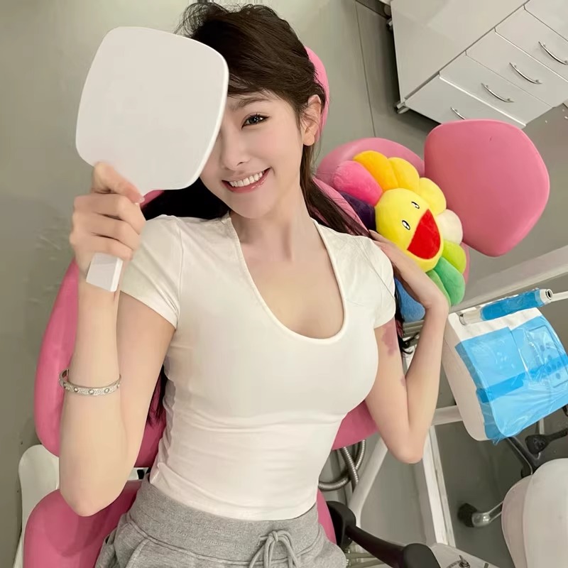 92棉/8氨綸40支210g純棉 修身白色T恤女夏季低領