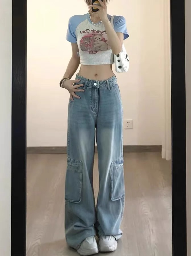 美式復古闊腿工裝牛仔褲女2024新款大碼胖mm高腰顯瘦直筒拖地褲子