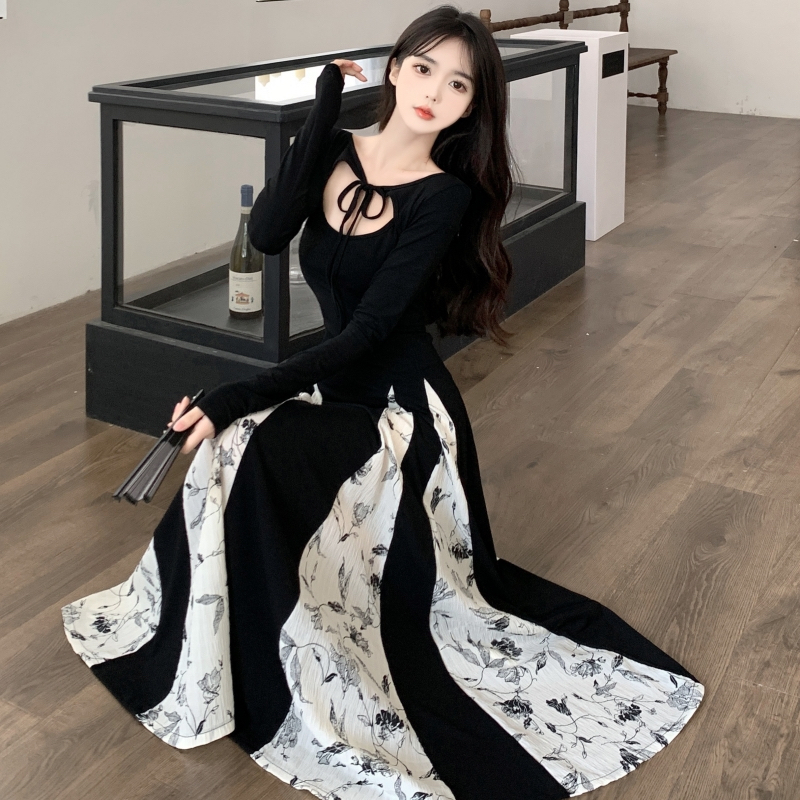 春秋大碼女連衣裙2024新款重工拼接碎花不規則顯瘦遮肚藏肉大擺裙