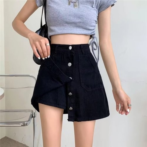 Designed letter slimming mid-length A-line slit hip skirt retro denim skirt for women spring and summer