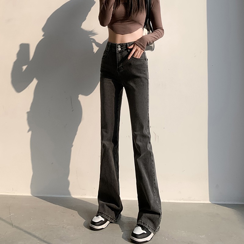 High-waisted slightly booted jeans for women in spring and autumn new style straight-leg slimming smoky gray floor-length flared versatile trousers