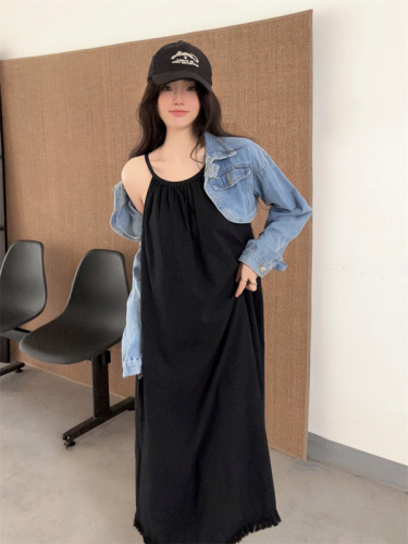 Real shot 2024 new French style lazy simple suspender dress loose and slim hem tassel long skirt