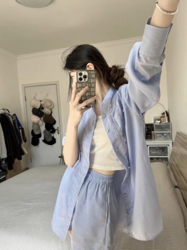 Real shot long-sleeved blue shirt top suit spring and autumn new shirt shorts two-piece set