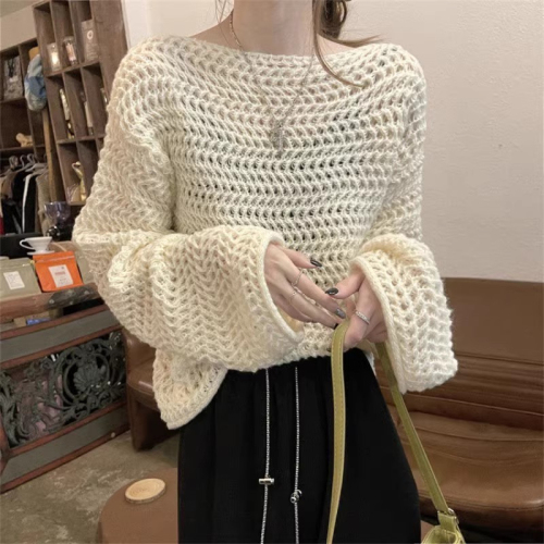 Knitted sweater solid color round neck long sleeve French retro style fashion chic design niche loose top jacket