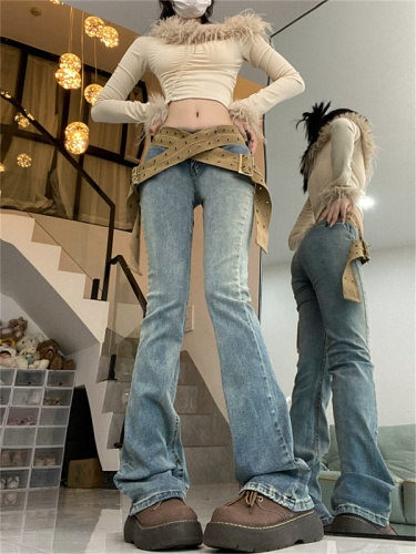 Real shot!  Slightly flared jeans for women, designer pants, mid-rise straight pants, floor-length pants, wide-leg pants