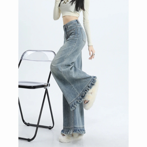 High waist retro dark and light blue design tassel wide leg jeans for women 2024 new loose floor mopping pants