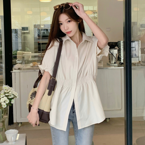 240008 real shot plus size women's waist-covering belly-style shirt women's summer design short-sleeved shirt