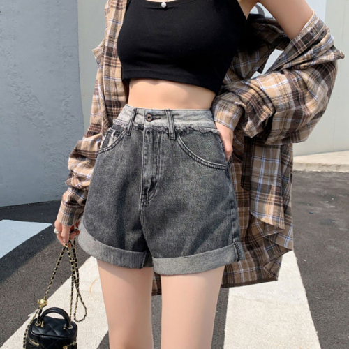 Designed denim straight shorts for women, new ins style loose wide-leg a-line hem high-waisted hot pants