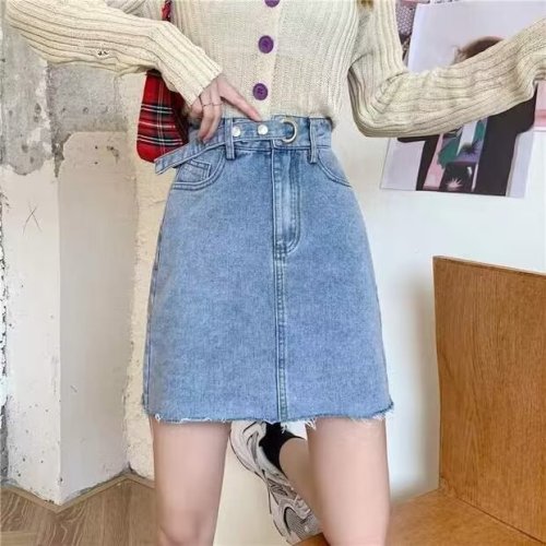 Raw edge denim skirt for women 2024 summer new Korean style high waist student A-line skirt versatile slimming short skirt