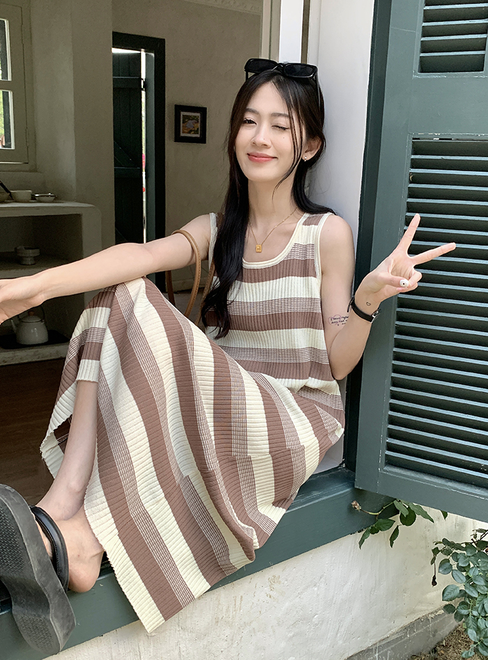 夏季新款韓版寬鬆背心無袖條紋撞色中長款百搭針織連衣裙洋氣休閒