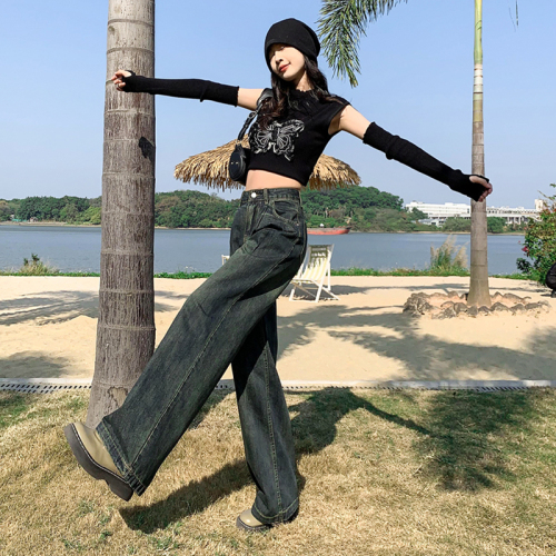 Real shot of high-quality wide-leg jeans for women in spring and autumn new style high-waist pleated straight-leg loose drape floor-length pants