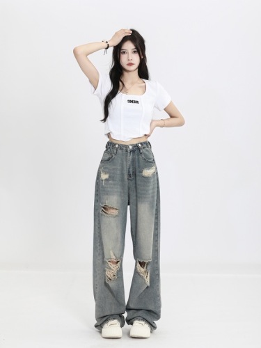 Retro wide-leg ripped jeans for women spring and summer 2024 new large size fat mm loose and slim straight floor-length mopping pants