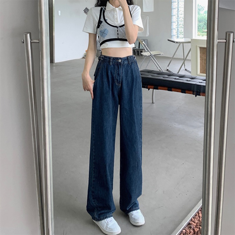 春夏款牛仔褲女高腰直筒褲寬鬆垂感拖地闊腿長褲子潮