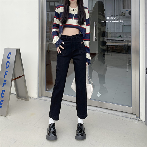 Real shot of retro straight jeans women's early spring nine-point pants 2024 new high-waist elastic cigarette tube pants