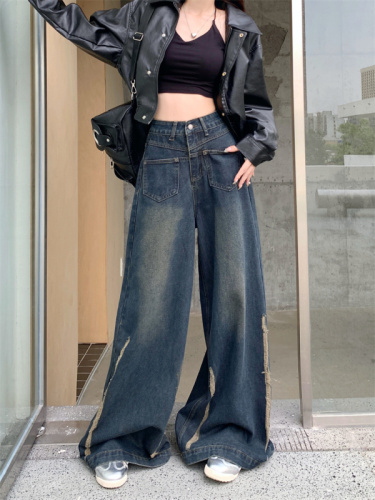 Real shot of worn wide-leg jeans for women in spring 2024 new style retro high-waisted slimming versatile floor-length trousers