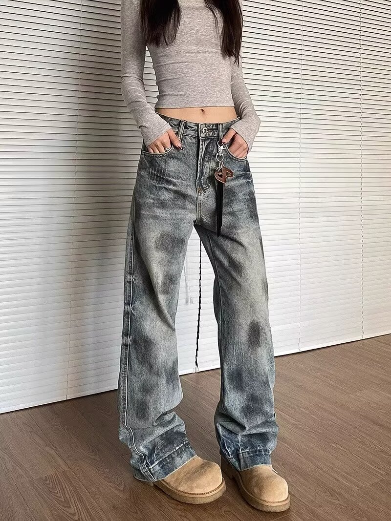 美式街頭復古直筒微喇牛仔褲女感百搭寬鬆闊腿褲子拖地長褲潮