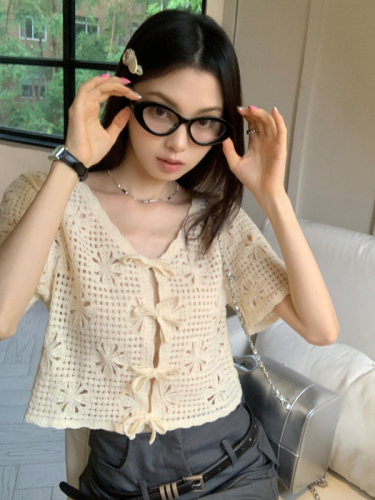 Real shot Summer new Chinese style retro lazy flower jacquard niche design thin knitted cardigan for women chic