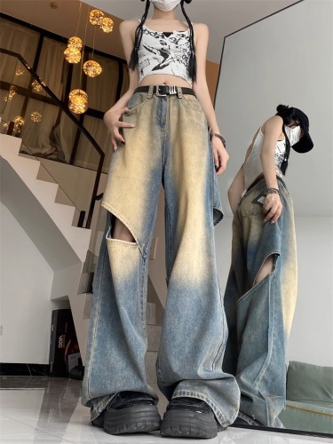 American retro gradient ripped jeans for women spring and autumn new design washed high waist wide leg floor mopping pants