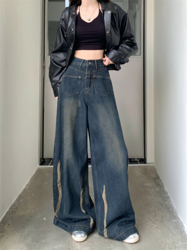 Real shot of worn wide-leg jeans for women in spring 2024 new style retro high-waisted slimming versatile floor-length trousers