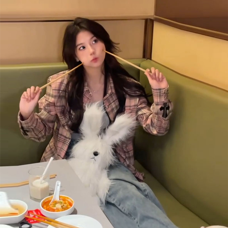 粉色格子襯衫外套女春冬季小個子設計感小眾上衣法式寬鬆長袖襯衣