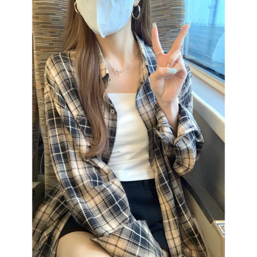 Pure cotton early autumn lazy style loose plaid shirt women's retro long-sleeved casual chic Korean top jacket