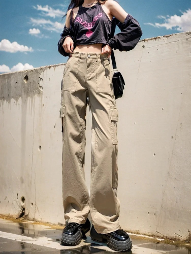 Non-actual shot of straight-leg jeans for women, multi-pocket high-waist slim khaki wide-leg workwear long pants