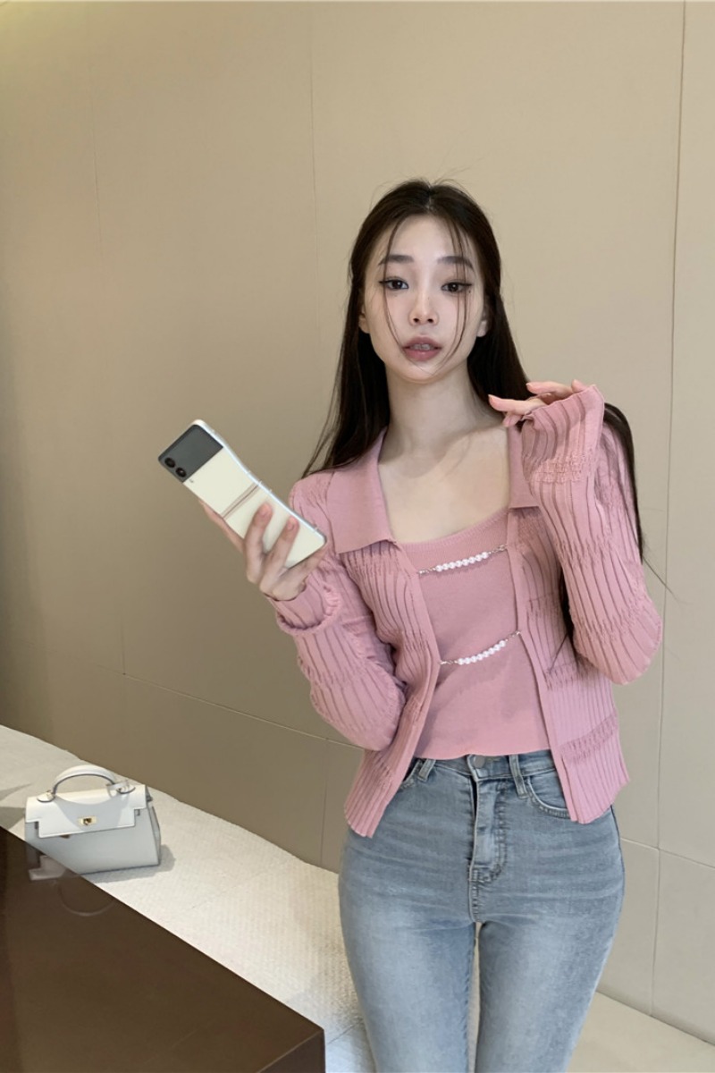 粉色翻領長袖針織開衫女裝春季純欲薄款防曬罩衫修身顯瘦短款上衣